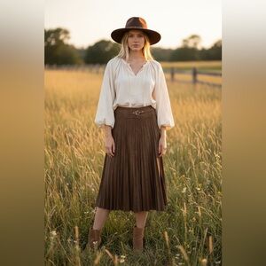 NWT Lafffaire faux suede pleated midi skirt in camel color